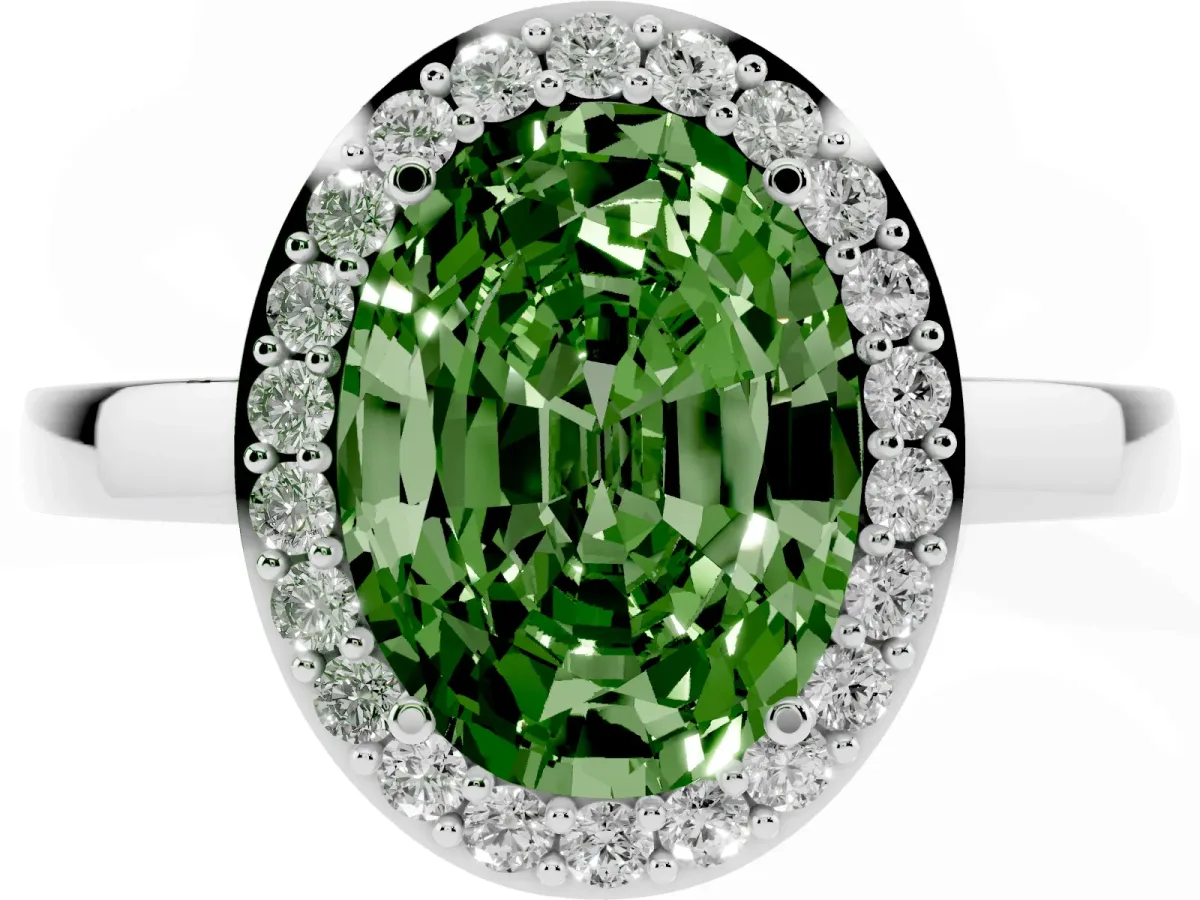 Fancy Green Oval Cut Halo Diamond Ring with Solitaire Band and Prong Setting Silver