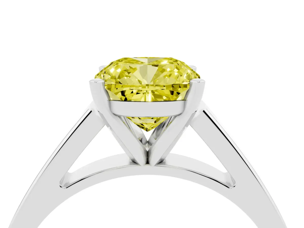 Fancy Yellow Cushion Cut Solitaire Engagement Ring with Four-Prong Setting and Tapered Band White gold