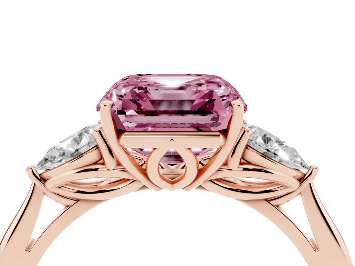 Fancy Pink Three-Stone Asscher Cut Brilliant Diamond Solitaire Ring with Tapered Band and Four-Prong Setting Rose gold