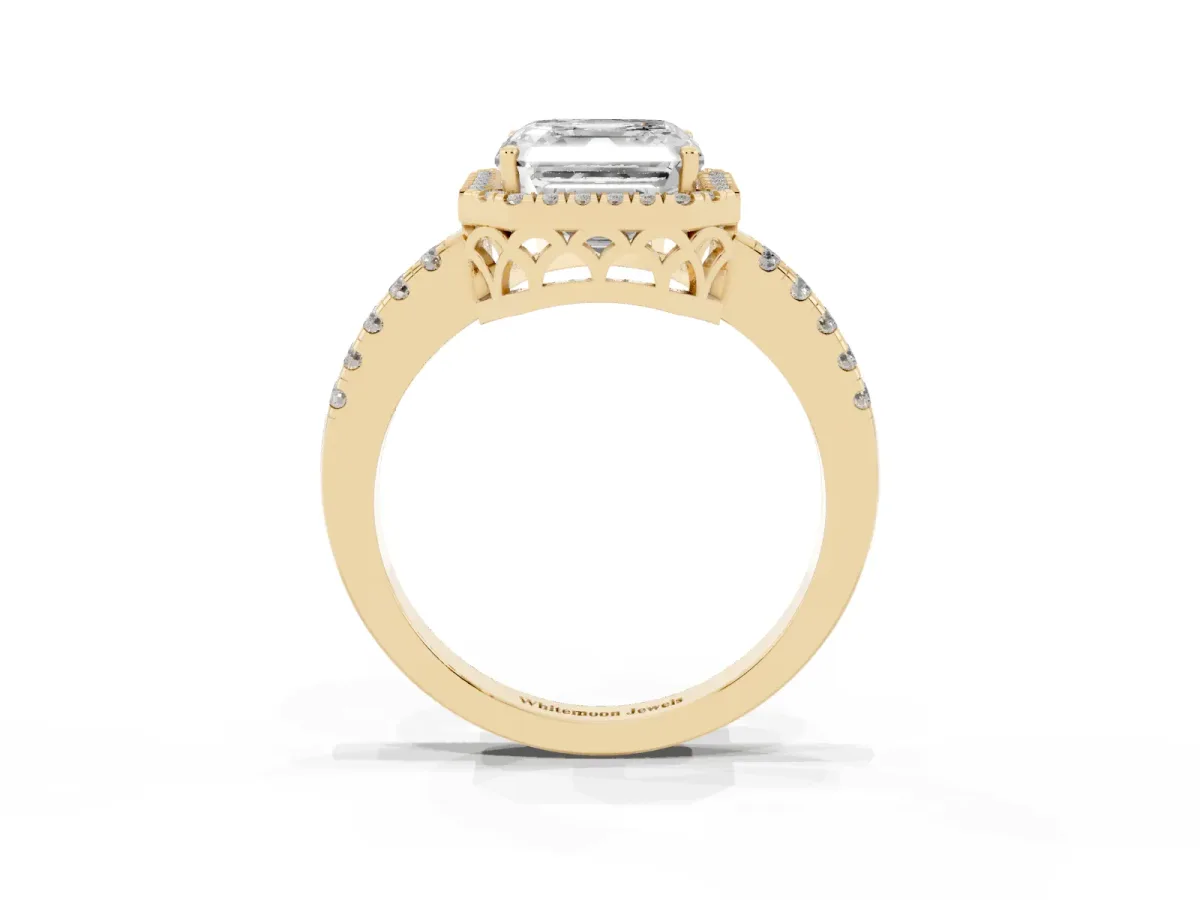 Asscher Cut Halo Diamond Engagement Ring with Pavé Band and Four-Prong Setting Yellow gold