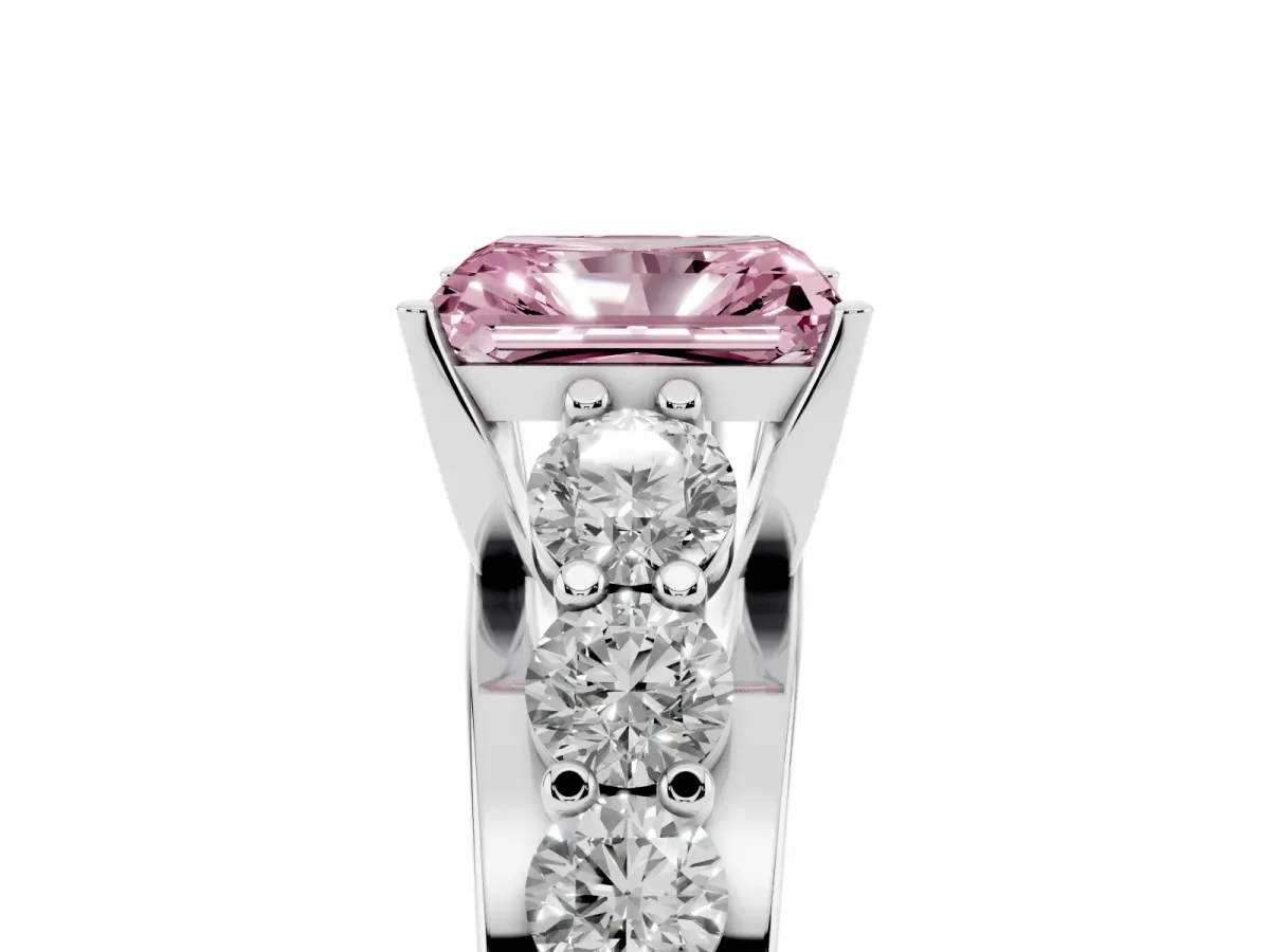 Fancy Pink Radiant Cut Diamond Engagement Ring with Pavé Band and Four-Prong Setting Platinum
