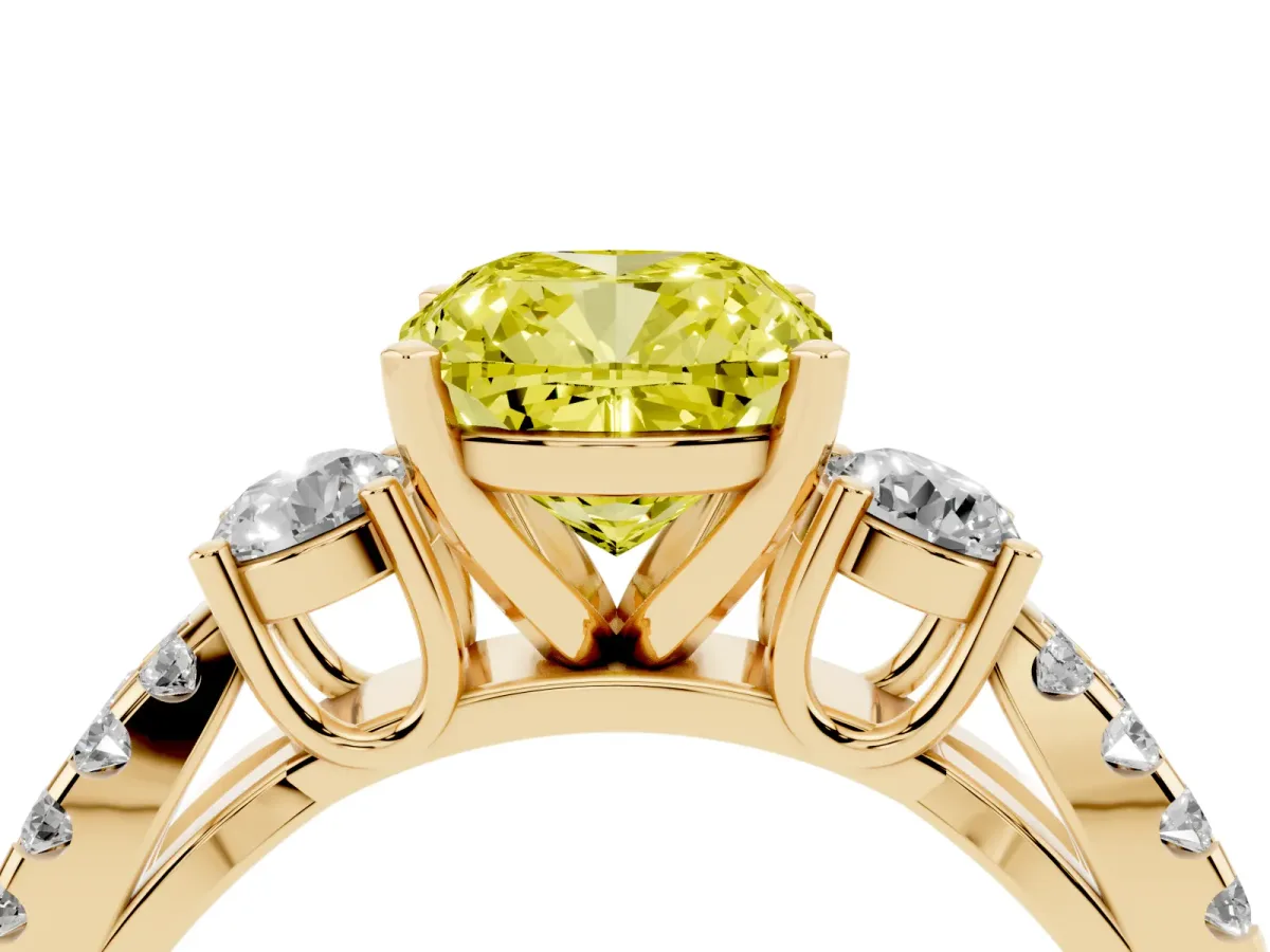 Fancy Yellow Cushion Cut Diamond Three-Stone Ring with Pavé Split Shank and Four-Prong Setting Yellow gold
