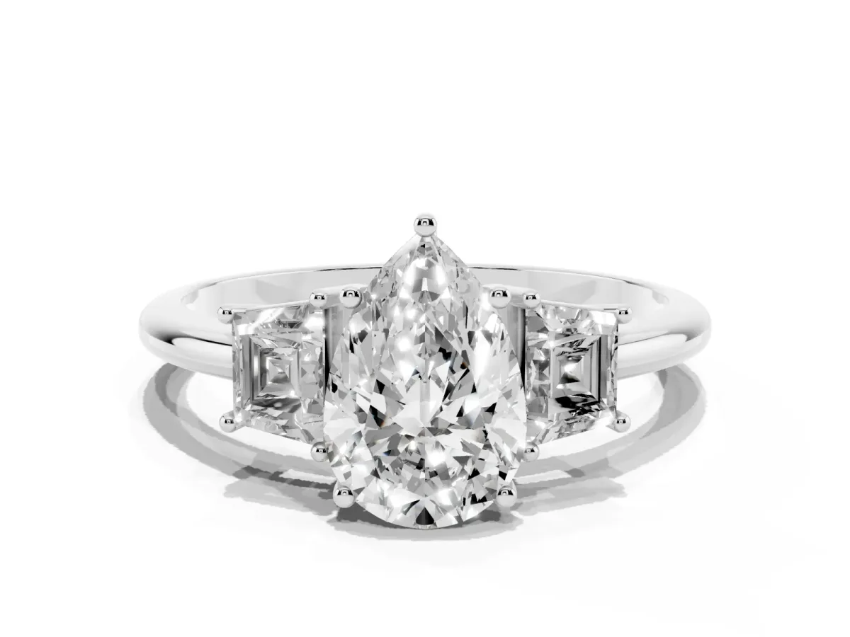 Pear Cut Diamond Three-Stone Ring with Trapezoid Side Stones and Prong Setting Platinum