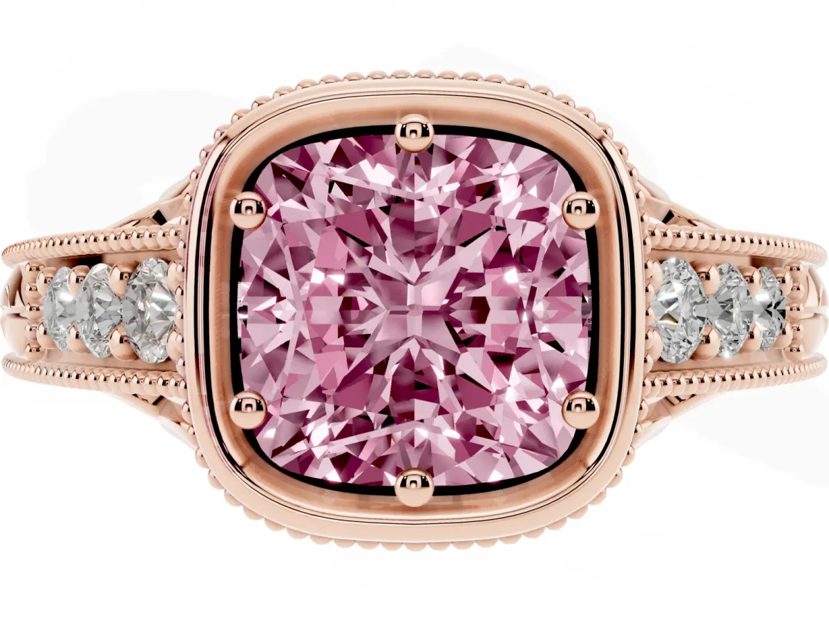 Fancy Pink Bezel Set Cushion Cut Diamond Milgrain Pave Engagement Ring Rose gold