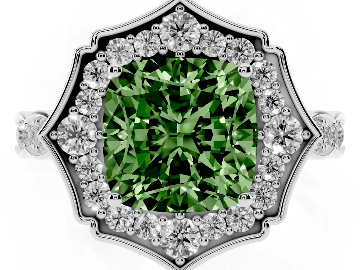 Fancy Green Cushion Cut Halo Diamond Engagement Ring with Milgrain Band and Four-Prong Setting White gold