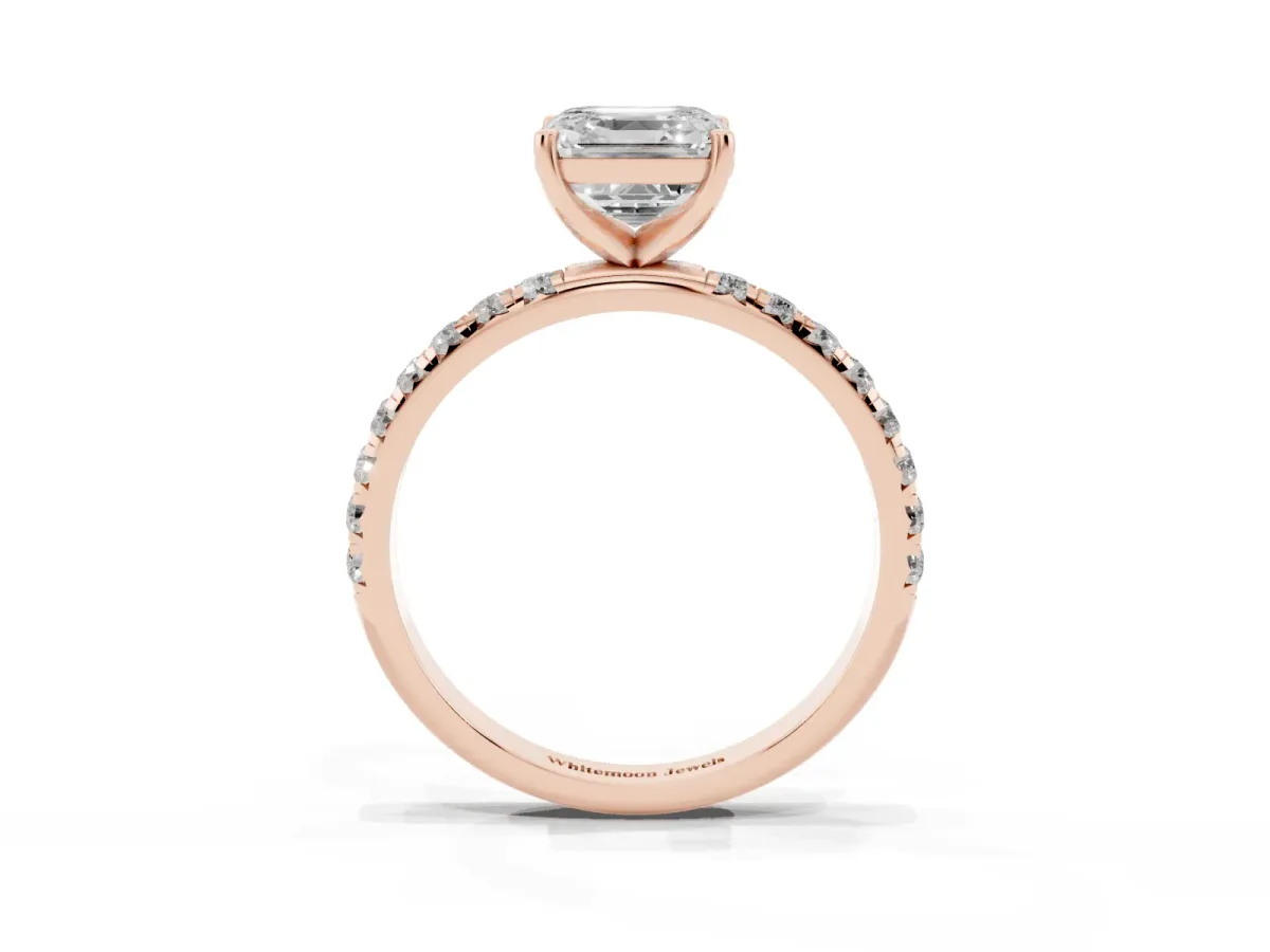 Asscher Cut Cut Diamond Solitaire Ring with Micro Pave Band and Four Prong Setting Rose gold
