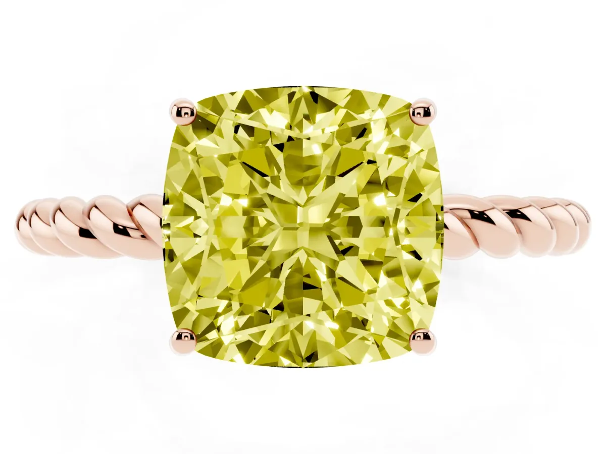 Fancy Yellow Cushion Cut Solitaire Twist Band Ring with Four-Prong Setting Rose gold