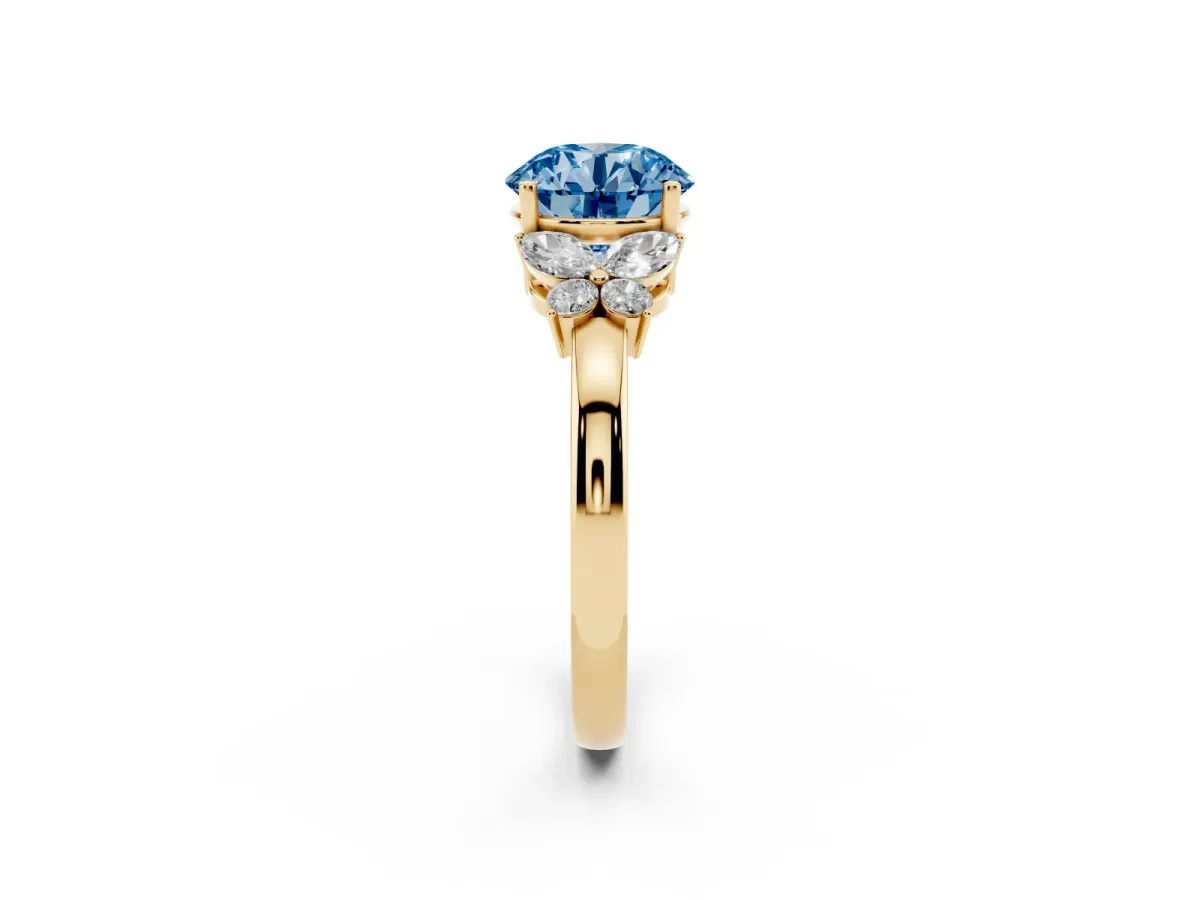 Fancy Blue Round Cut Cut Solitaire Floral Diamond Ring with Four-Prong Setting Yellow gold