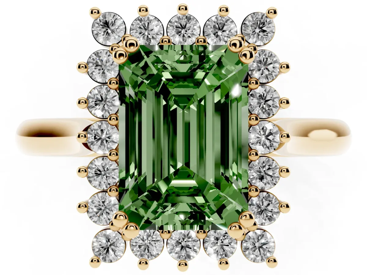Fancy Green Emerald Cut Cut Diamond Halo Ring with Solitaire Band and Prong Setting Yellow gold