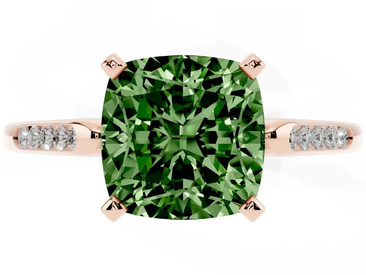 Fancy Green Cushion Cut Diamond Solitaire Ring with Channel Set Round Band and Prong Setting Rose gold
