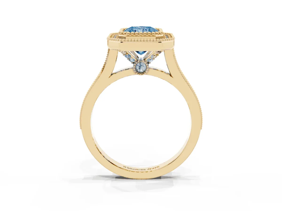 Fancy Blue Radiant Cut Diamond Halo Ring with Milgrain Frame and Pavé Band Yellow gold