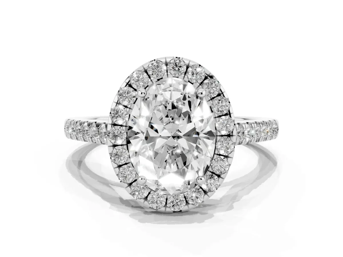Oval Cut Halo Pave Diamond Engagement Ring with Four-Prong Setting Platinum