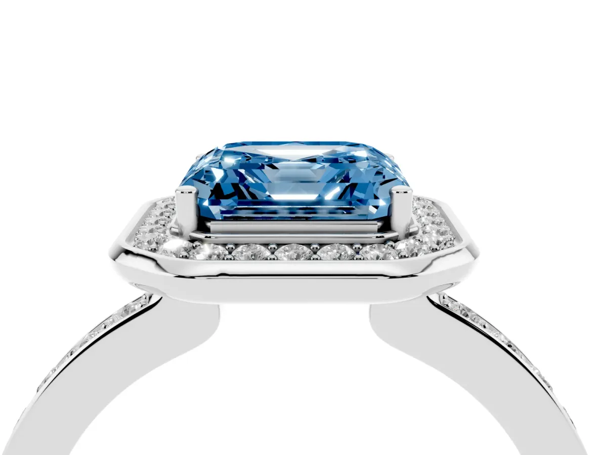 Fancy Blue Asscher Cut Diamond Halo Ring with Bezel Frame and Pavé Band Silver