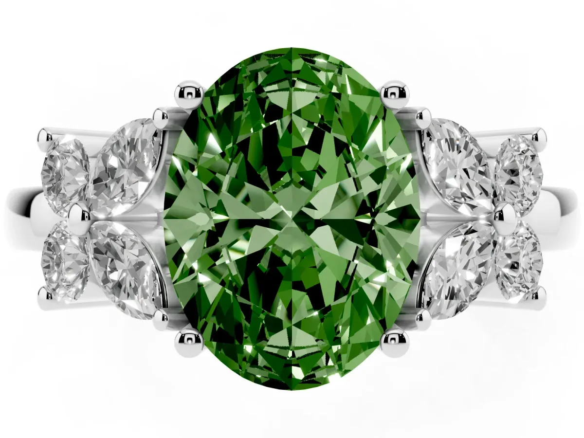 Fancy Green Oval Cut Diamond Floral Cluster Ring with Solitaire Band and Prong Setting White gold