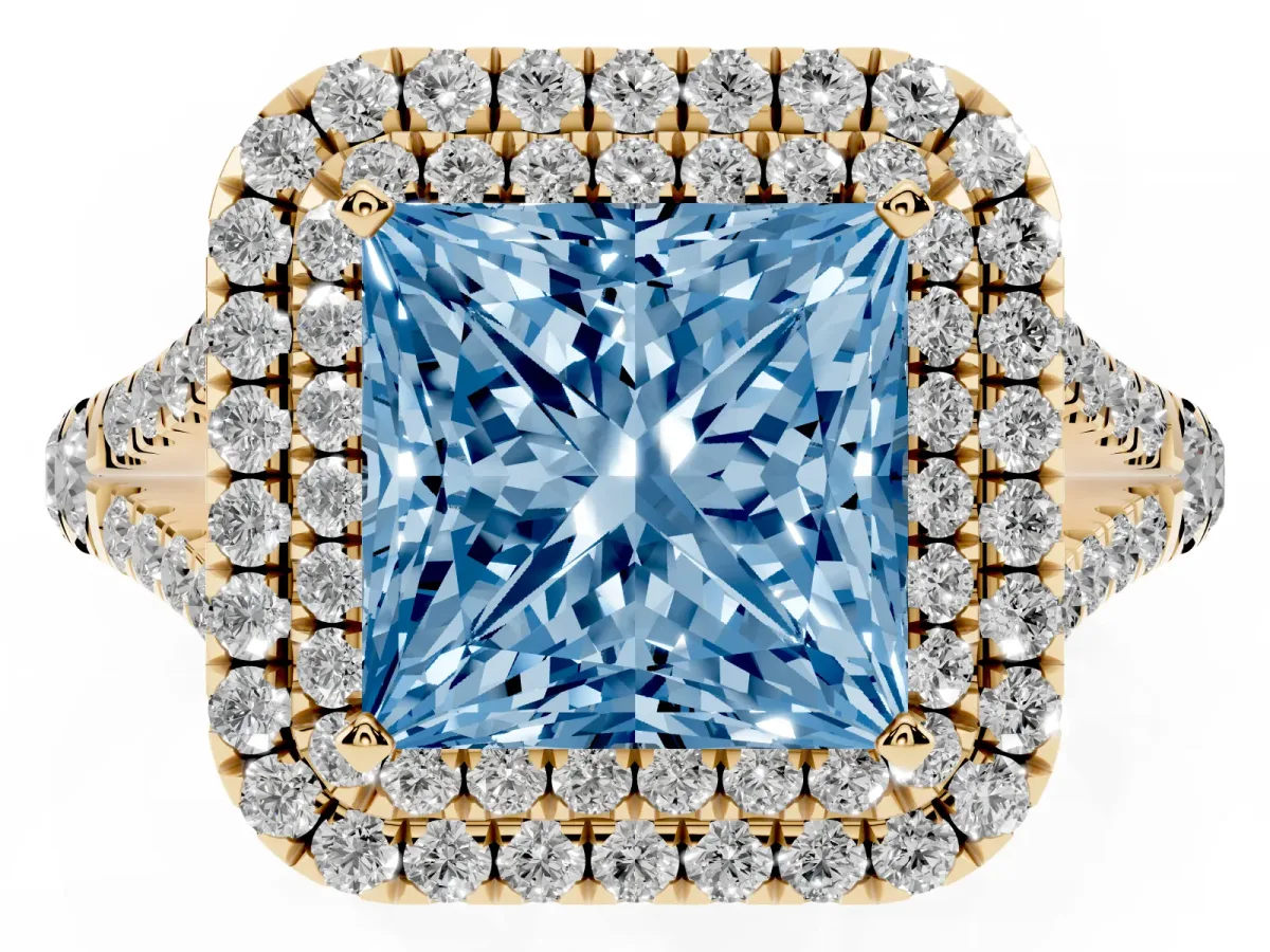 Fancy Blue Princess Cut Cut Double Halo Split Shank Diamond Ring with Prong Setting Yellow gold