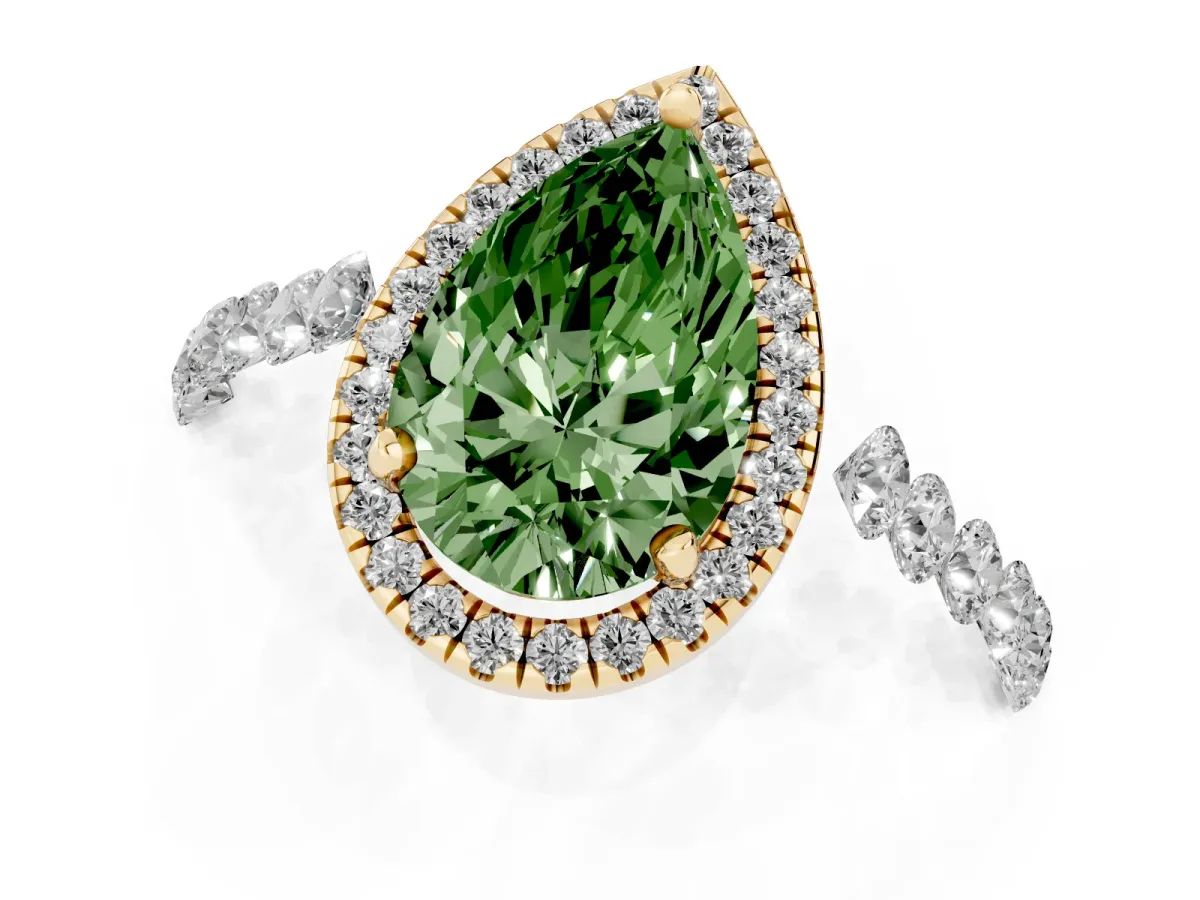 Fancy Green Pear Cut Halo Pavé Diamond Engagement Ring with Four-Prong Setting Yellow gold