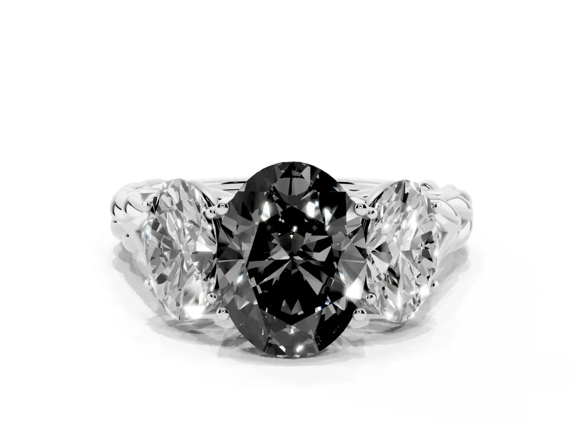 Fancy Black Three-Stone Oval Cut Diamond Braided Band Ring with Four-Prong Setting Silver