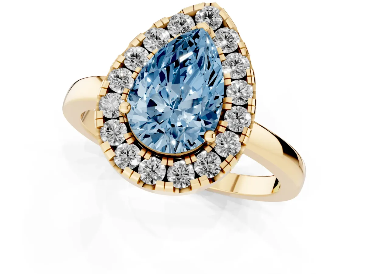 Fancy Blue Pear Cut Halo Diamond Solitaire with Pavé Band and Four-Prong Setting Yellow gold