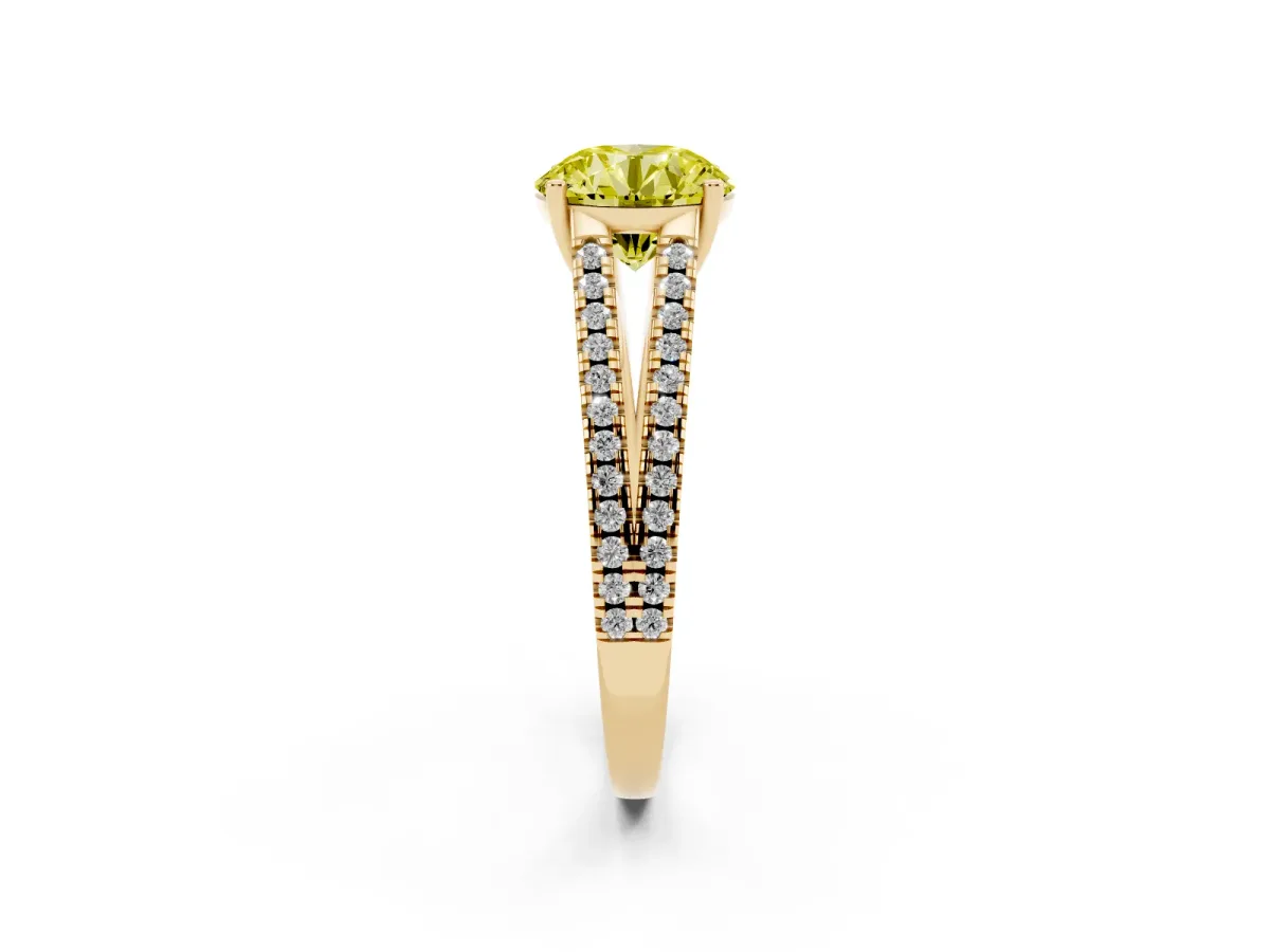 Fancy Yellow Round Cut Diamond Solitaire Engagement Ring with Split Shank Pavé Band Yellow gold
