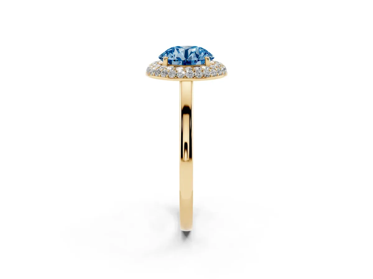 Fancy Blue Round Cut Halo Diamond Engagement Ring with Solitaire Band and Four-Prong Setting Yellow gold