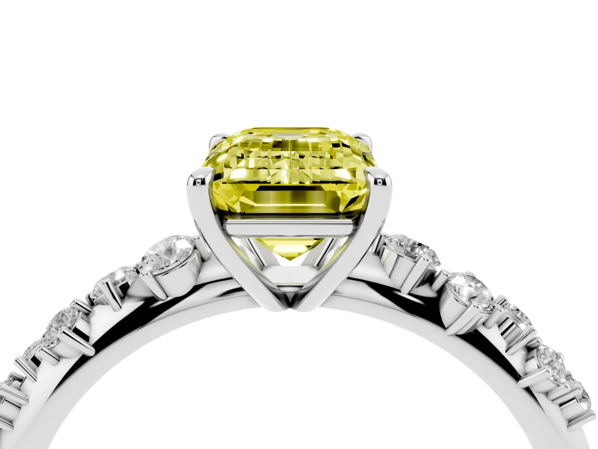 Fancy Yellow Emerald Cut Diamond Cluster Side Stone Solitaire Ring with Prong Setting Silver