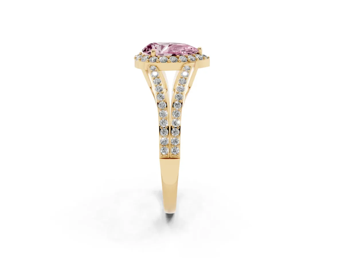 Fancy Pink Pear Cut Halo Split Shank Diamond Ring with Prong Setting Yellow gold