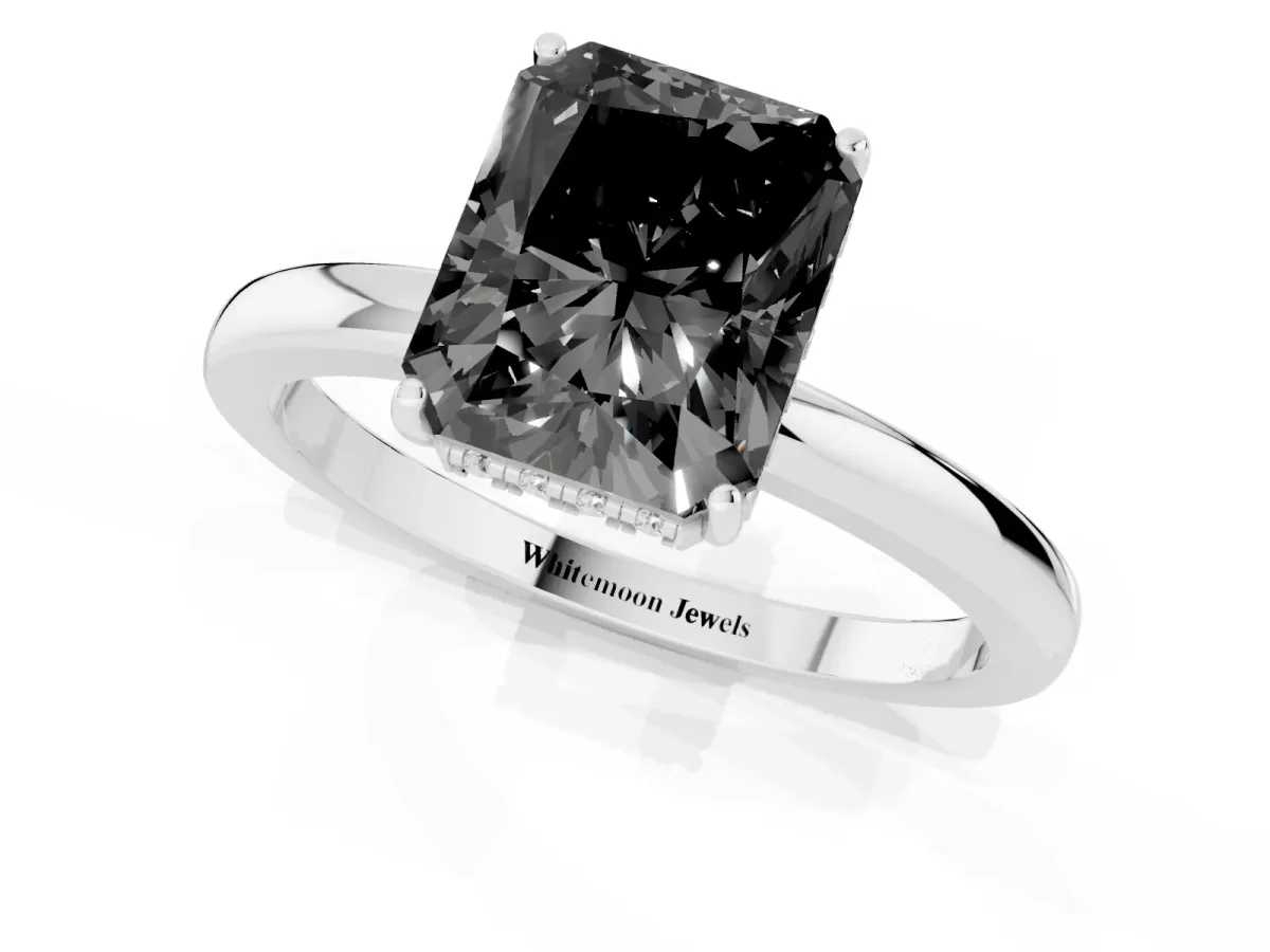 Fancy Black Radiant Cut Solitaire Diamond Ring with Prong Setting and Plain Band Platinum