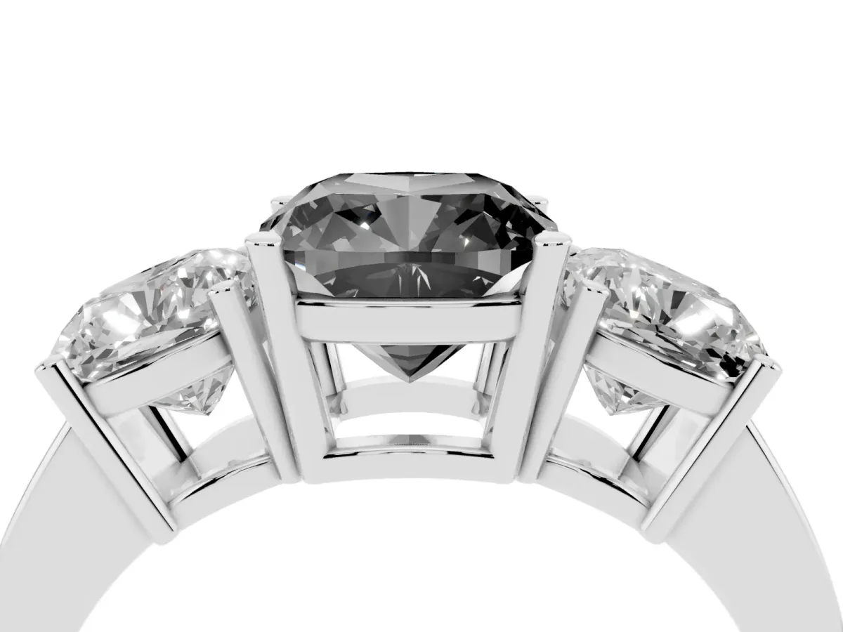 Fancy Black Three-Stone Cushion Cut Cut Diamond Engagement Ring with Flat Band and Four-Prong Setting Silver