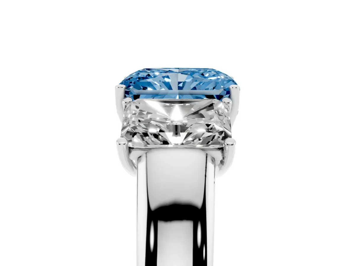 Fancy Blue Three-Stone Radiant Cut Cut Diamond Ring with Prong Setting and Classic Band Silver