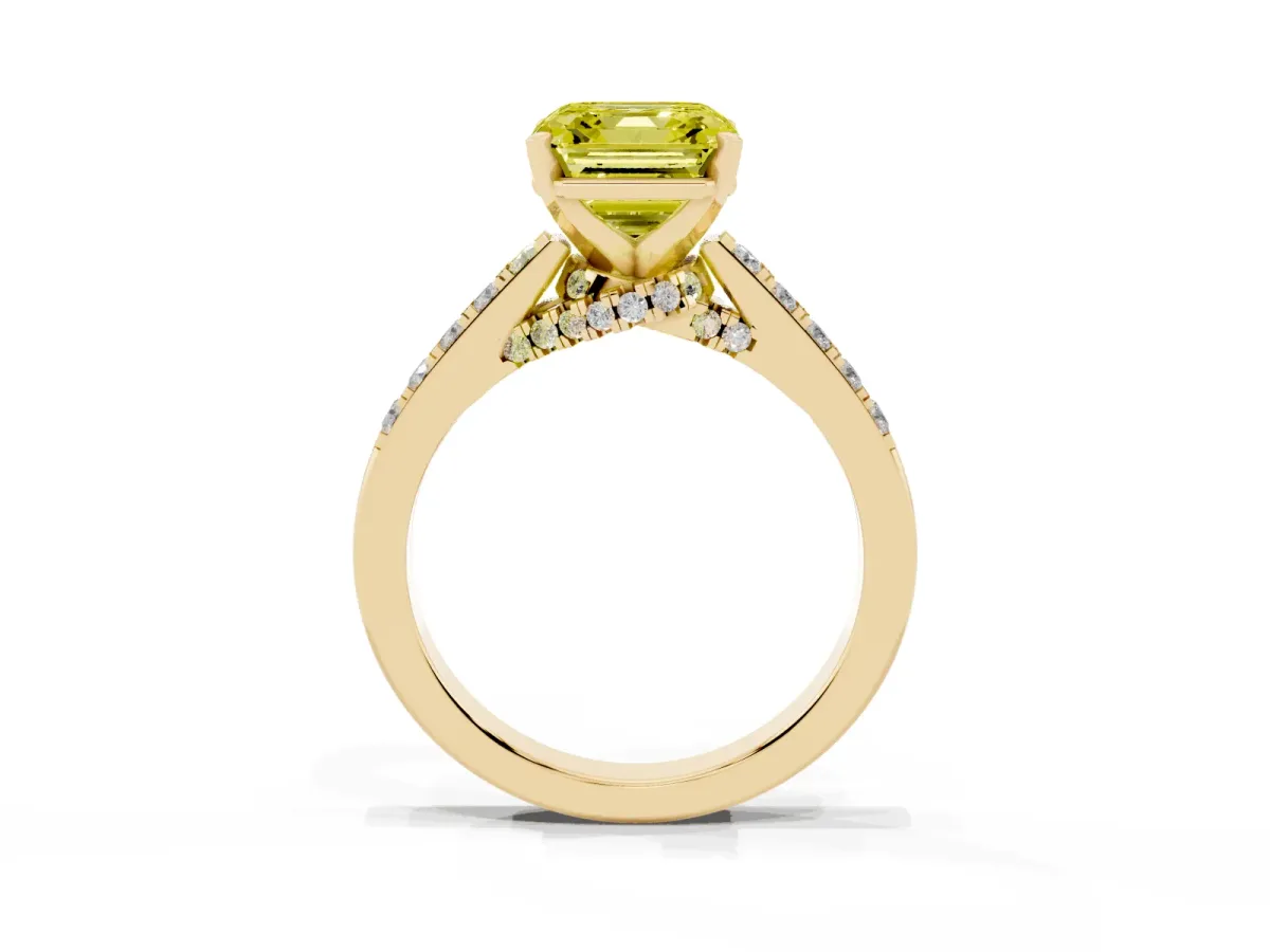 Fancy Yellow Asscher Cut Diamond Solitaire Ring with Crossover Gallery and Round Pavé Band Yellow gold