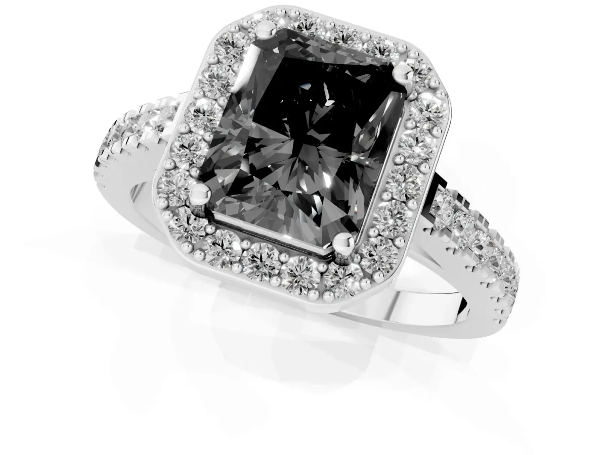 Fancy Black Radiant Cut Diamond Halo Ring with Round Pavé Split Shank and Prong Setting Silver