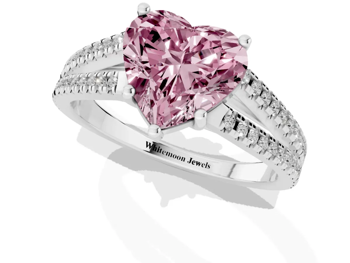 Fancy Pink Heart Cut Diamond Solitaire Engagement Ring with Split Shank Pavé Band Silver