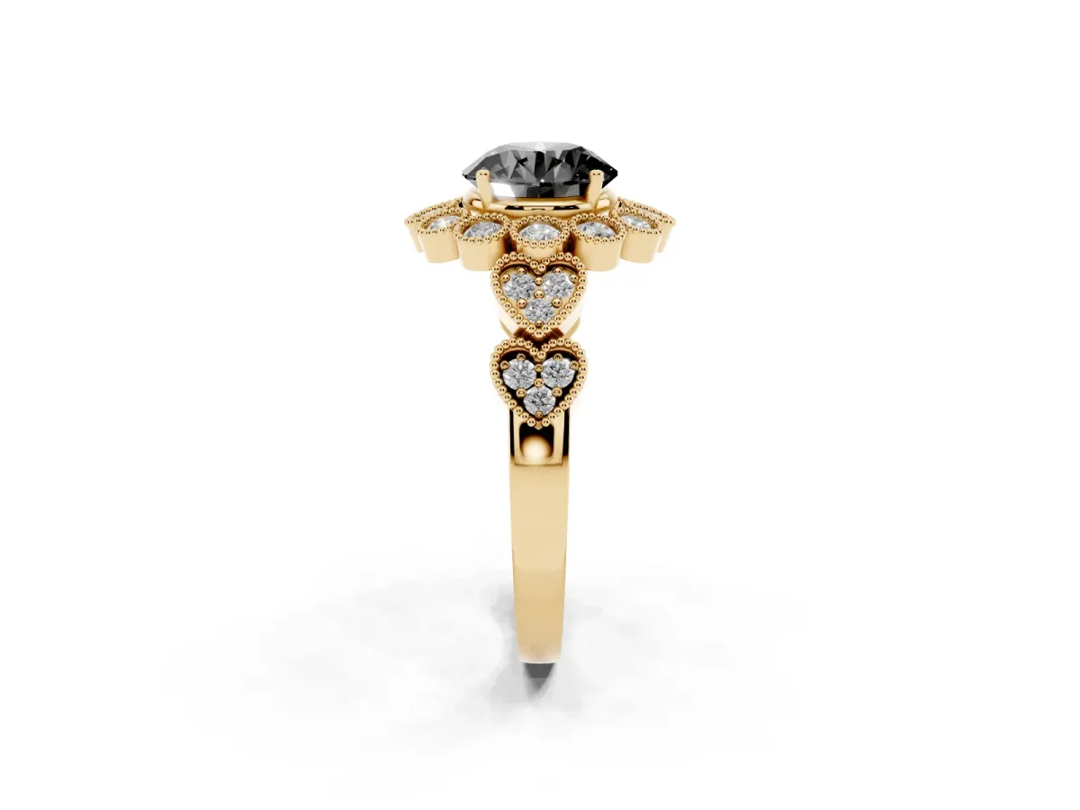 Fancy Black Round Cut Brilliant Milgrain Pave Heart Band Solitaire Ring Yellow gold