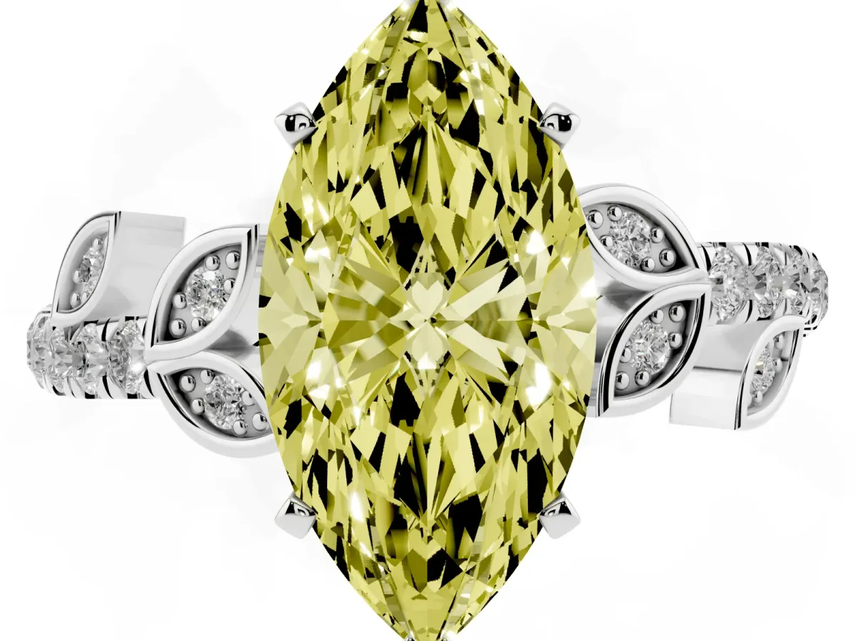 Fancy Yellow Marquise Cut Solitaire Leaf-Inspired Diamond Ring with Pavé Band and Four-Prong Setting Silver