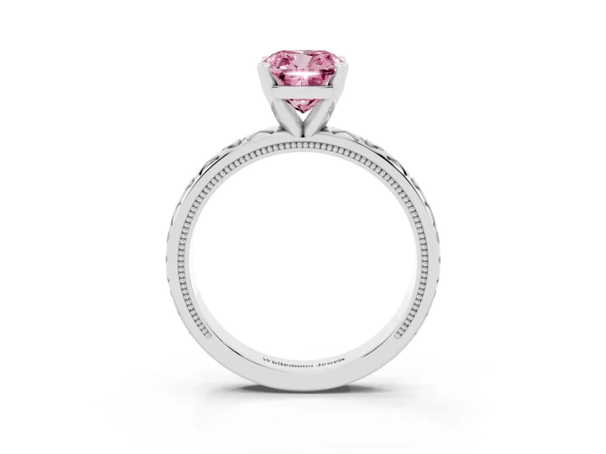 Fancy Pink Cushion Cut Solitaire Diamond Engagement Ring with XO Engraved Band and Four-Prong Setting Platinum