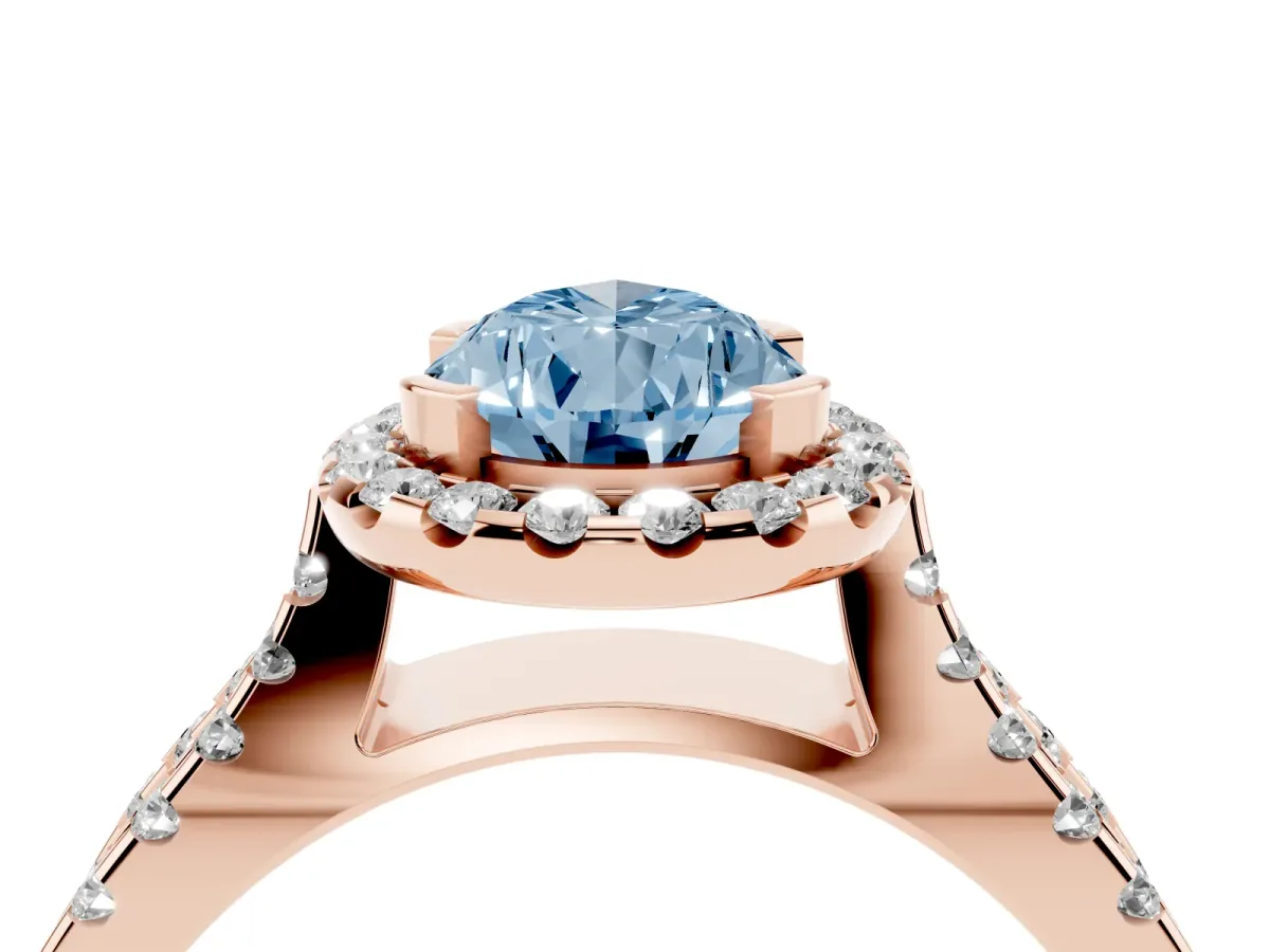 Fancy Blue Pear Cut Diamond Halo Ring with Split Shank Pavé Band and Prong Setting Rose gold