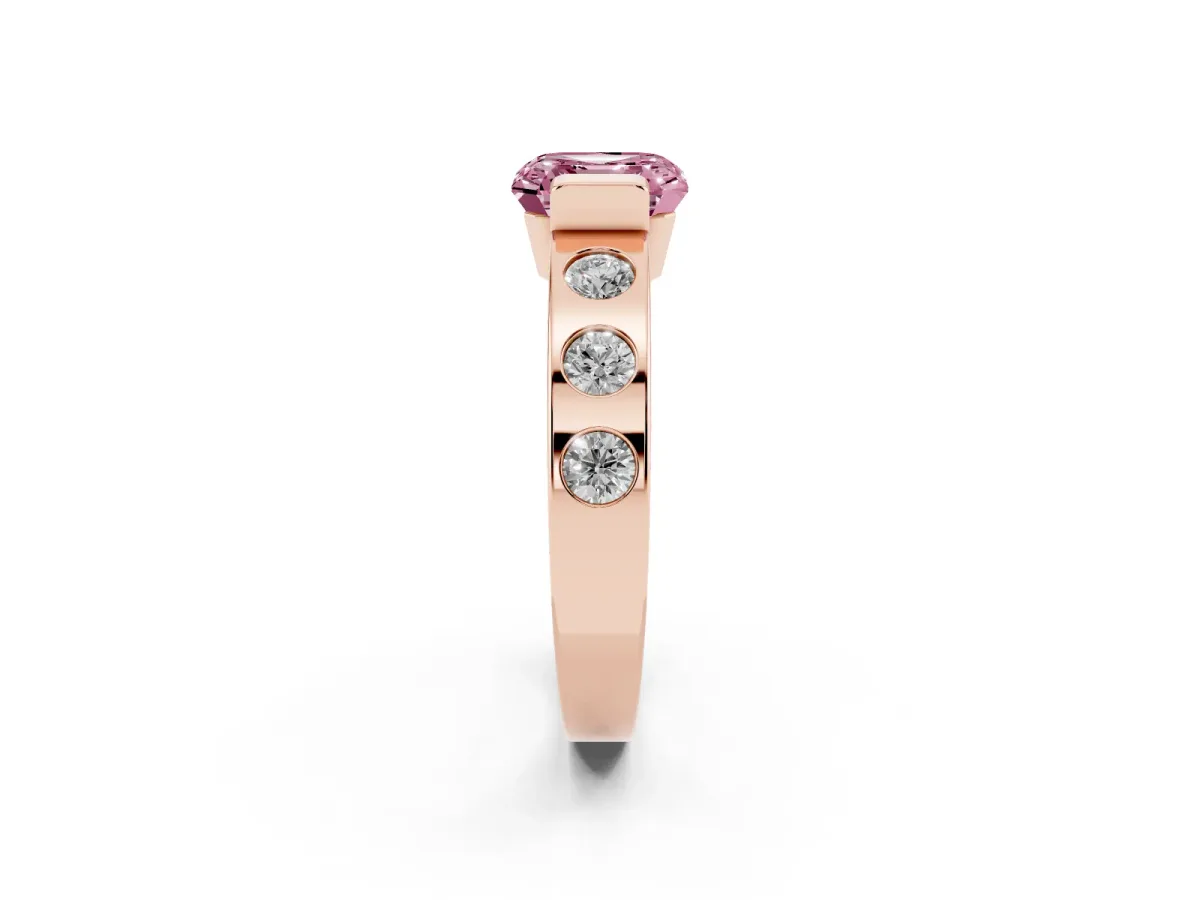 Fancy Pink Asscher Cut Brilliant Channel-Set Diamond Ring with Bezel Prong Setting Rose gold