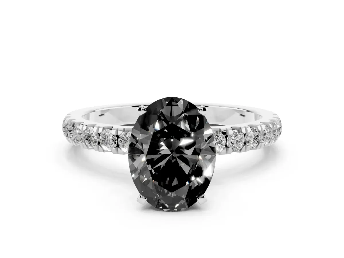 Fancy Black Oval Cut Diamond Solitaire Ring with Pavé Accents and Four-Prong Setting Silver