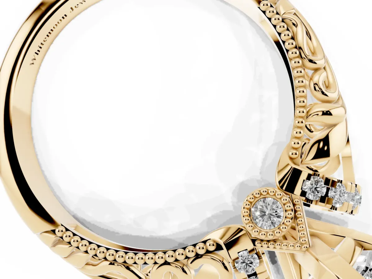 Marquise Cut Solitaire Filigree Engagement Ring with Halo and Prong Setting Yellow gold
