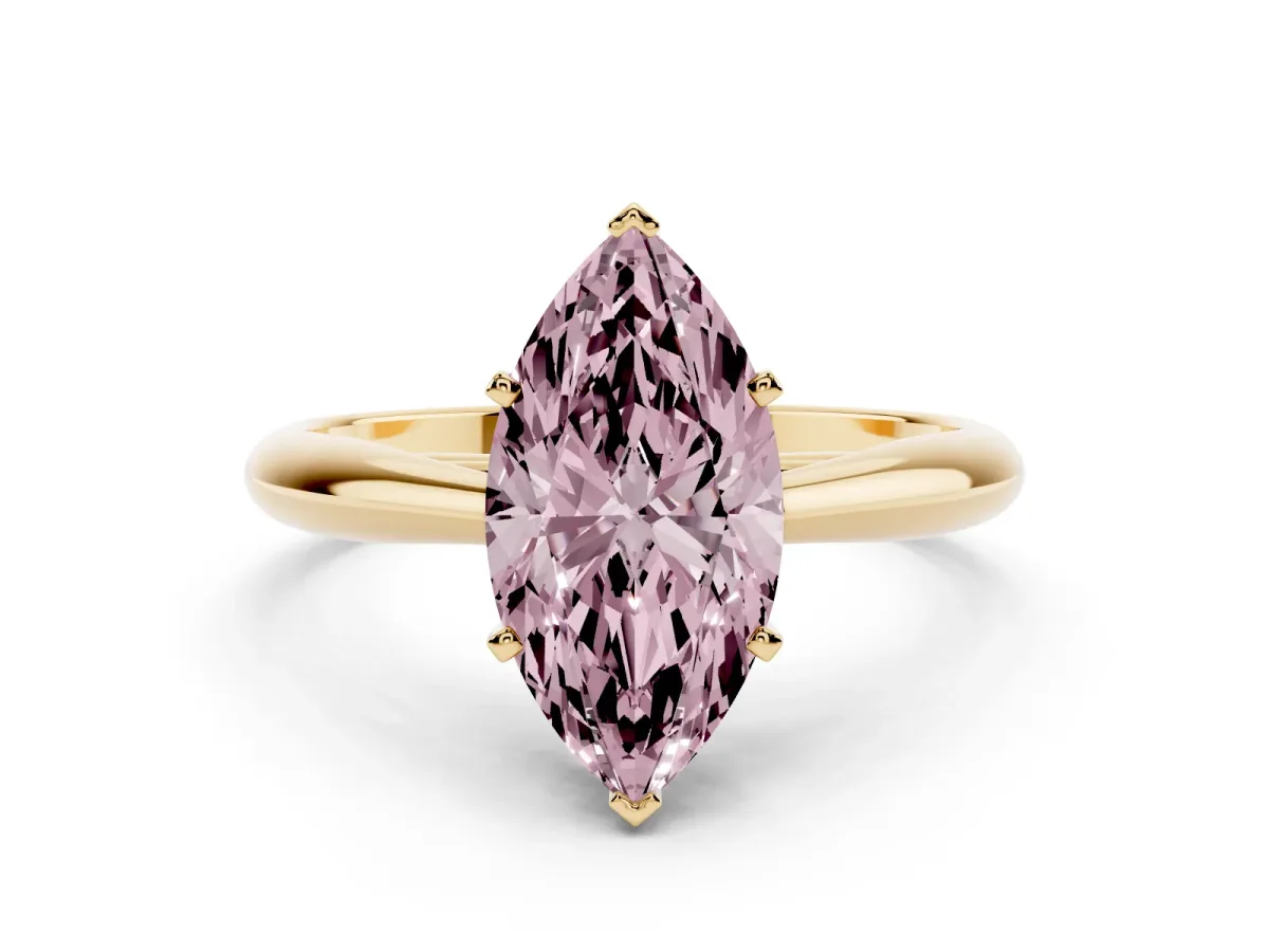 Fancy Pink Marquise Cut Diamond Solitaire Engagement Ring with Cathedral Setting and Four-Prong Mount Yellow gold
