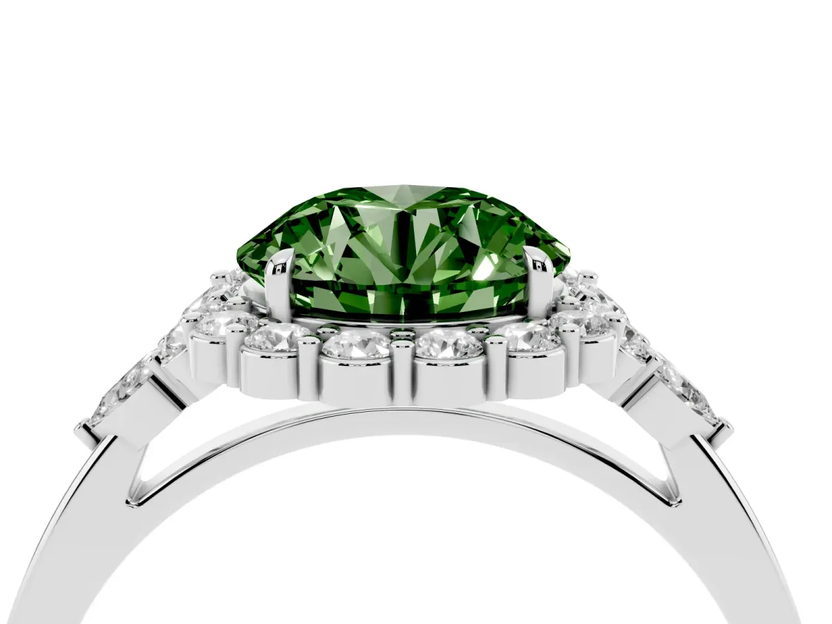 Fancy Green Round Cut Diamond Halo Ring with Pear Side Stones and Prong Setting Silver