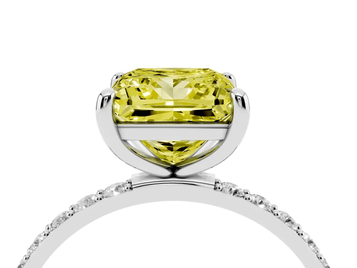 Fancy Yellow Princess Cut Diamond Solitaire Ring with Round Pavé Band and Prong Setting Silver