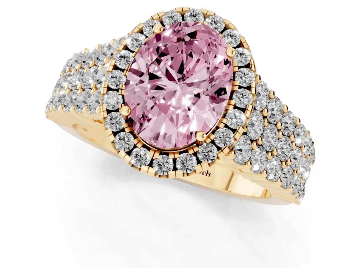 Fancy Pink Oval Cut Diamond Halo Engagement Ring with Triple Row Round Pavé Band and Prong Setting Yellow gold