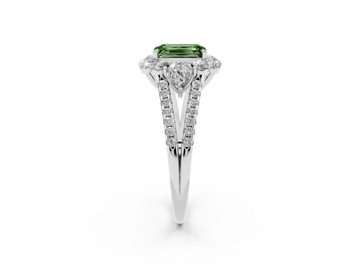 Fancy Green Emerald Cut Halo Split Shank Diamond Engagement Ring with Prong Setting White gold