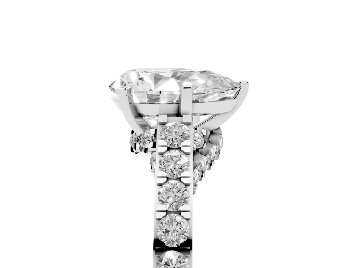 Pear Cut Diamond Solitaire Ring with Crossover Gallery and Round Pavé Band Silver