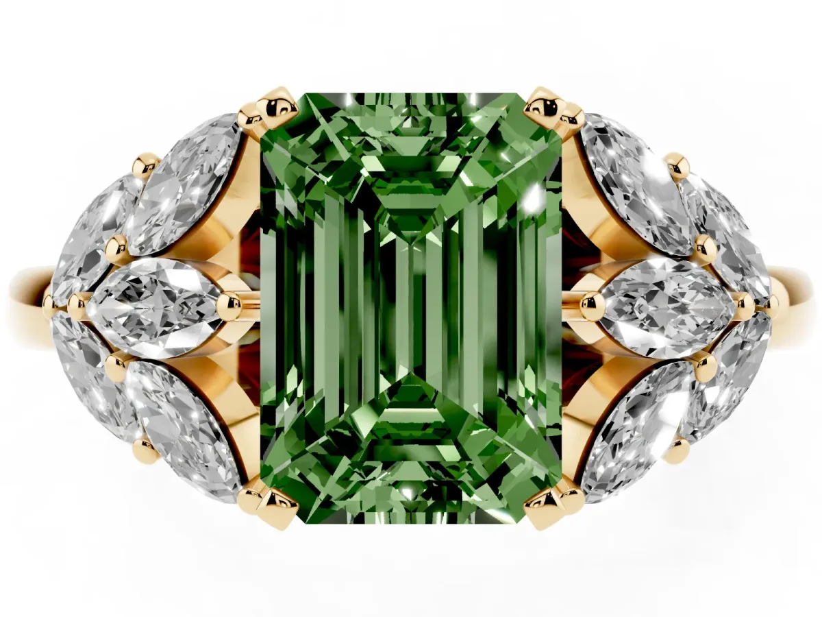 Fancy Green Emerald Cut Diamond Cluster Leaf Design Ring with Prong Setting Yellow gold
