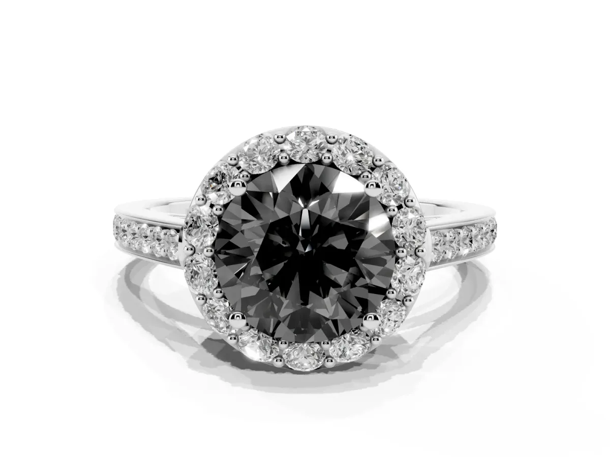 Fancy Black Round Cut Diamond Floral Halo Ring with Pavé Band and Prong Setting Silver