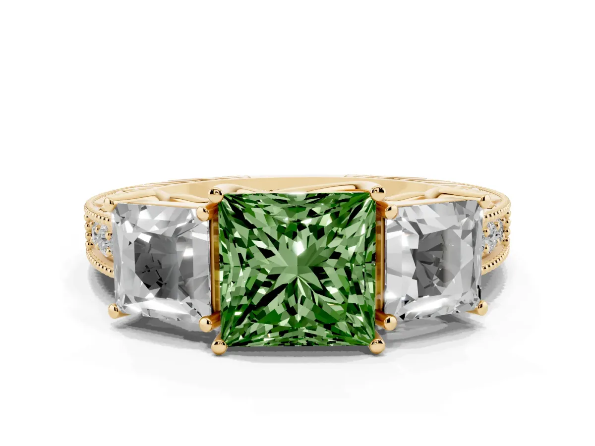 Fancy Green Three-Stone Princess Cut Cut Milgrain Pavé Engagement Ring Yellow gold