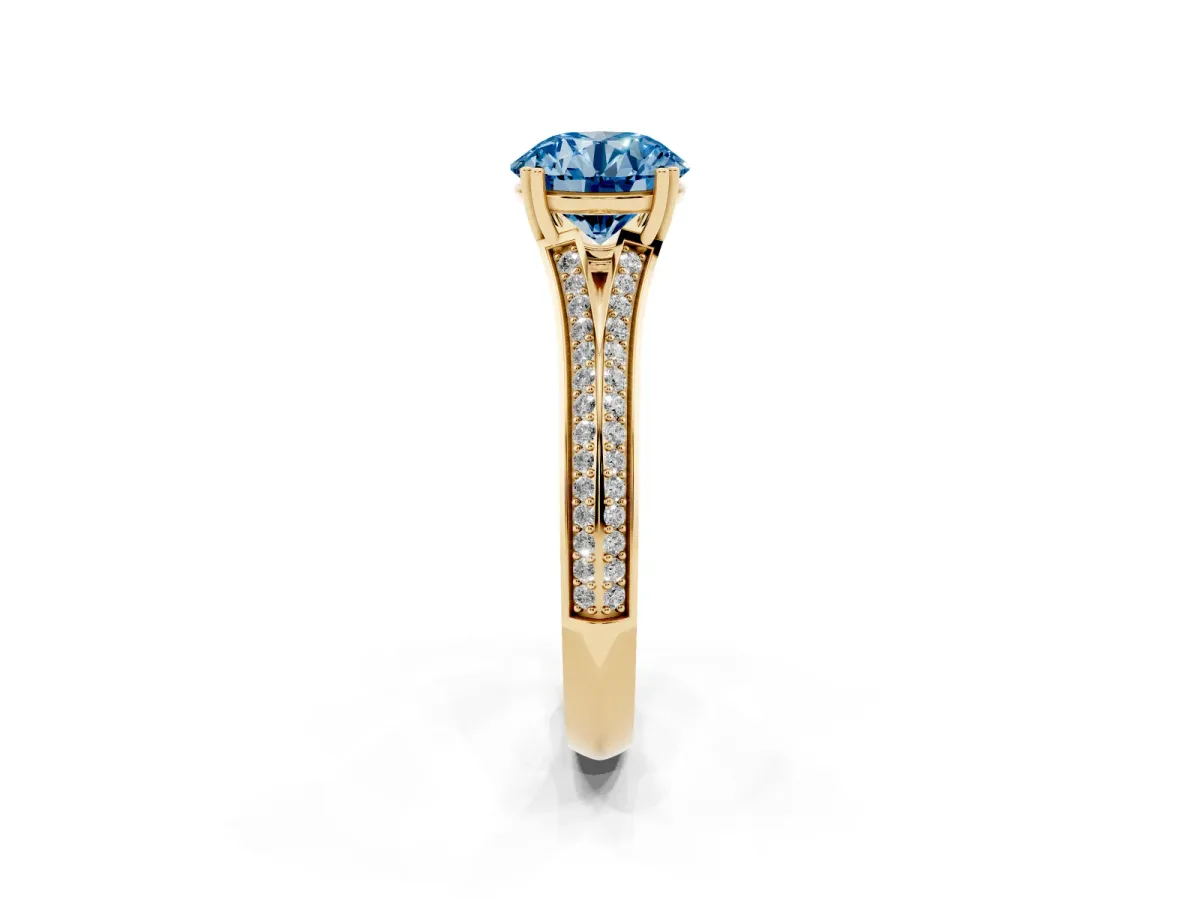 Fancy Blue Round Cut Diamond Split Shank Engagement Ring with Pavé Band Yellow gold