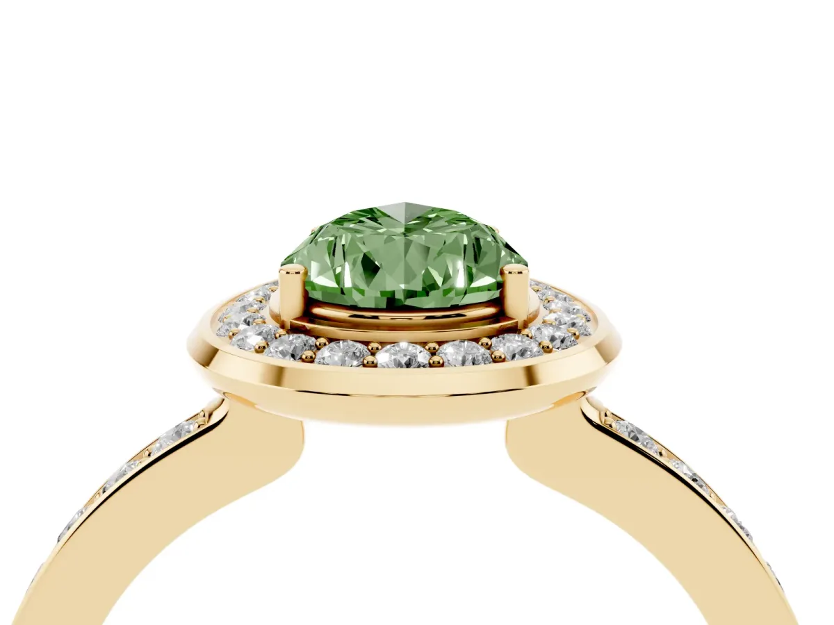 Fancy Green Pear Cut Diamond Halo Ring with Bezel Frame and Pavé Band Yellow gold